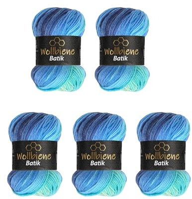5 x 100g Wollbiene Batik 500 Gramm Wolle mit Farbverlauf mehrfarbig Multicolor Strickwolle Häkelwolle (2130 blau türkis)