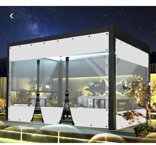 SDLLG Rideaux d'extérieur avec œillets - Bâche en PVC Transparent - 0,5 mm d'épaisseur - pour terrasses, Jardin, Balcon, extérieur, Garage, 2 x 2,2 m (H x L) - Blanc - avec 2 Fermetures éclair