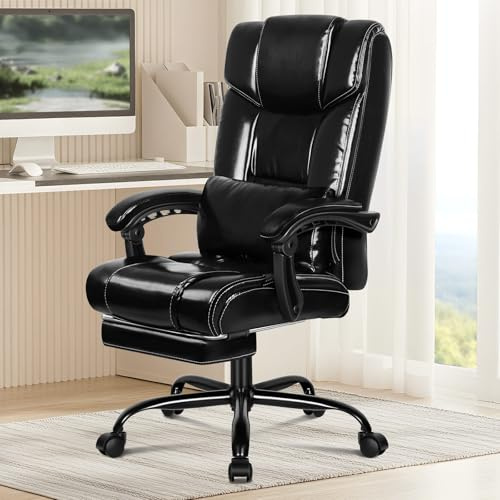 ALFORDSON Ergonomischer Bürostuhl, PC-Schreibtischstuhl Fußstütze,Schwarz | Chefsessel einziehbar Fußstütze atmungsaktivem Netzstuhl hoher Rückenlehne, Drehstuhl 150°-Neigung, Höhenverstellbar PU-Leder