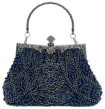 lapulio Abendtasche im Vintage-Stil mit Blumenmuster, Perlen, Pailletten, elegante Clutch für Damen, für Bräute, Bälle, Partys und formelle Anlässe