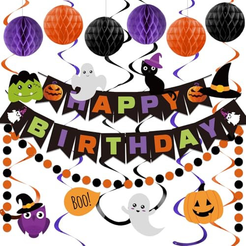 Halloween Geburtstag Banner, Happy Birthday Banner mit Wabenball, Hanging Swirl Streamer Kreis Punkt Girlande Dekorationen, Halloween Thema Geburtstag Party Dekoration