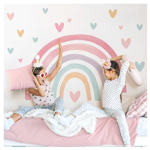 Little Deco Wandsticker Kinderzimmer Regenbogen Wandtattoo Boho Herzen Aquarell Pastell Wandaufkleber Babyzimmer Schlafzimmer Deko DL5092-05