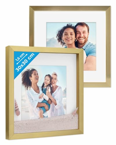 PHOTOLINI 3D Bilderrahmen zum Befüllen 30x30 Gold groß, 1,5 cm tiefer Objektrahmen mit Glas, 2X tiefer Bilderrahmen 30x30 Holz MDF mit Passepartout, Dicker 3D Rahmen befüllbar für Gegenstände
