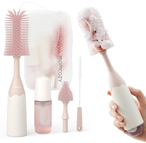 Momcozy Kit de cepillo para biberones, innovador diseño de presión para una mejor limpieza, cepillo limpiador de biberones para biberones, extractores de leche, pezones y más, puede generar espuma