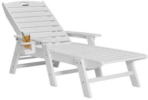 VEVOR Tumbona de Plástico Capacidad de 204 kg, Sillón de Patio Ajustable para Exterior con Respaldo de 6 Posiciones Sillón de HDPE con Portavasos para Piscina, Terraza, Patio Trasero, Césped, Blanco