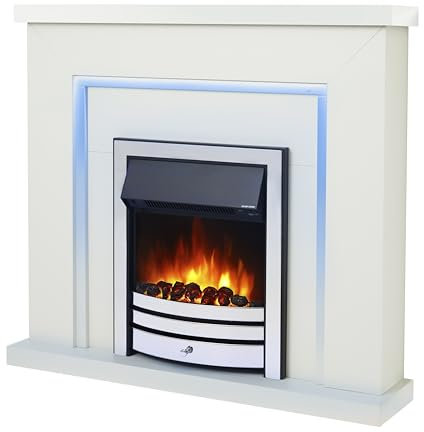 Endeavour Fires Bempton 42 Electric Fireplace Suite with Flame Effect & Coal Bed, Remote Control, Custom Surround, 13-Colour LED Lighting, Eco Heater, White Top/White Hearth/Chrome Fire