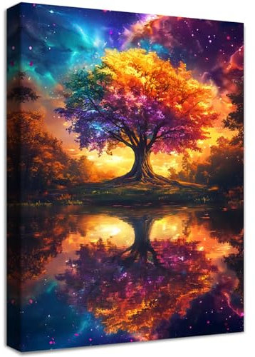 Albero Della Vita Colorato Quadri Moderni Paesaggio Onirico Astrale Al Tramonto Stampa su Tela Con Cornice Pittura Quadri su tela Decorazioni da Parete Soggiorno Camera da Letto Corridoio Bar 30x40cm