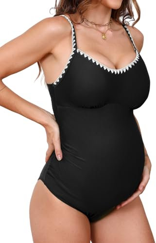 CUPSHE Maillot de bain maternité pour femme - Col en U - Bord crocheté - Découpe décorative - Une pièce - Maillot de bain de maternité, Noir , XL