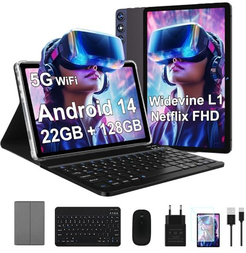 ZIOVO Tablet 10 Pollici Tablet Android 14, 22GB RAM+128GB ROM (TF 1TB), 5G WiFi/Supporto Widevine L1/Octa-Core/8000mAh/Corpo Metallico/8+5MP/BT 5.0, 2 in 1 Tablets con Tastiera e Mouse - Grigio