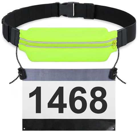 JasGood Triathlon Startnummernband Laufgürtel Sportgürtel Hüfttasche Verstellbar Laufgurt mit Nummernhalter 4 Gel-Halter Running Belt Bauchtasche Lauftasche für Joggen Marathon,Grün,75cm