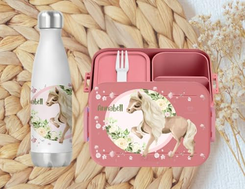 wolga-kreativ Pausenset personalisierte Brotdose rosa und Trinkflasche Thermo Kinder Edelstahl mit Pferd Motiv Bento Lunchbox mit Fächern und Unterteilung für Schule und Kindergarten