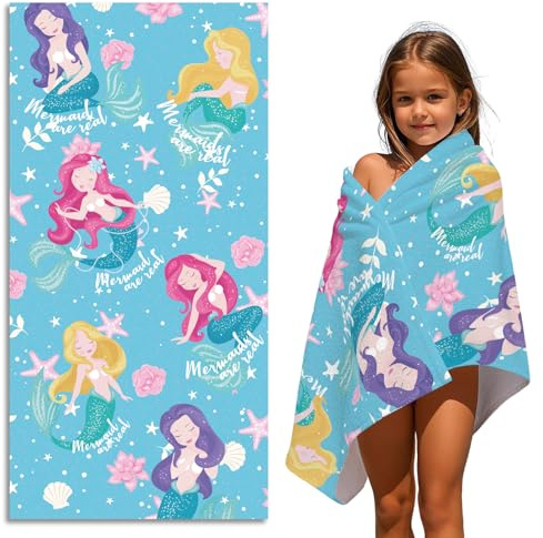 FEELJAM Kinder-Strandtuch, schnelltrocknendes Badetuch, Strandtuch für Jungen und Mädchen, Badetuch für Damen (Blaue Meerjungfrau, 70 * 140cm)