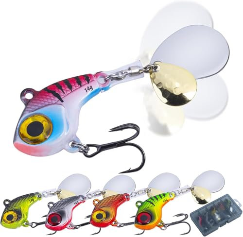 Njord Kalastus Jig Spinner Set mit Doppelspinnerblatt 14g 5 Stück in Box | Kein Verhaken mit Spinnerblatt durch Plastikhülse über Wirbel | Jigspinner Bleikopfspinner Hecht Köder Barsch Köder