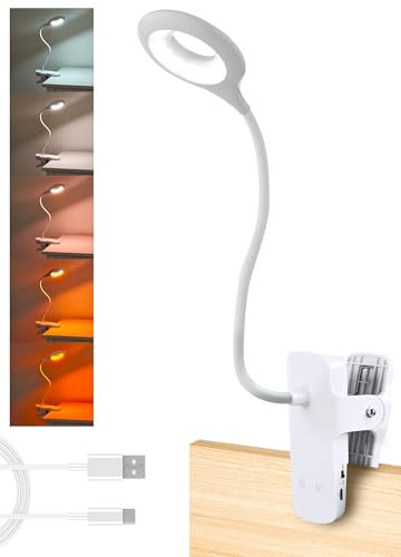 National Lighting Dimmable LED Clip On Light - 4.5W Touch Control LED Lamp with Flexible Neck & Strong Clamp - 5 Colours & Brightness Levels, USB Rechargeable Desk Light - White