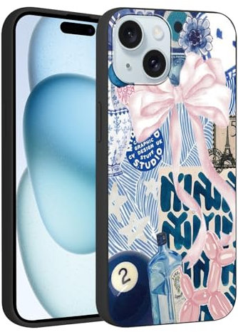 Knrlqim Handyhülle für iPhone 15 Hülle 6.1, Aesthetic Muster Design Weiche TPU Silikon Ultra Dünn Schutzhülle Kratzfeste Stoßfest Bumper Case für Mädchen, Blaue Collage