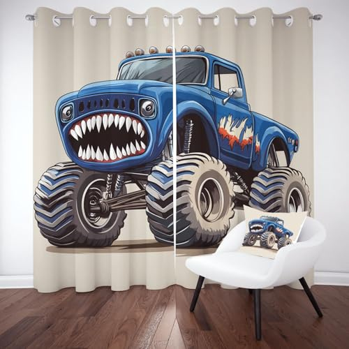 Sobhdga Vorhang Blickdicht Karikatur LKW, Kinder Junge Gardinen mit Ösen 2er Set, Vorhänge Monster Auto, Thermovorhang Kälteschutz für Wohnzimmer Schlafzimmer H 214 x B 66 cm
