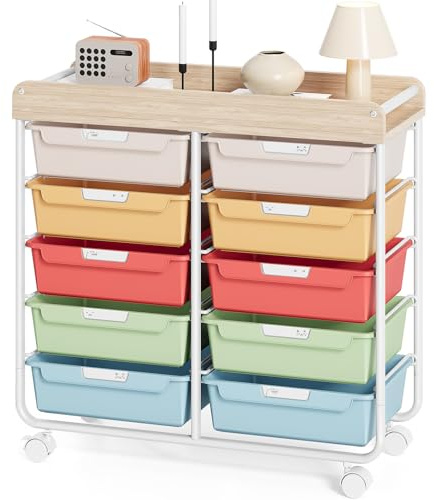 KINGRACK Rollcontainer mit 10 Schubladen, Rollwagen mit Schubladen für Bastelbedarf, Kunstmaterialien, Home Offices und Klassenzimmer (Bunt)