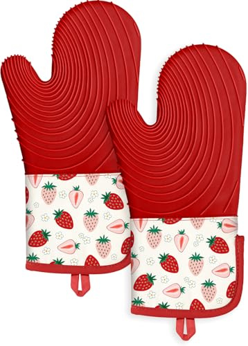 Slohif Long Silicone Oven Mitts Heat Resistant for Women - 2 Pcs Strawberry 100% Cotton Oven Gloves, Non-Slip and Waterproof Silicone Oven Mitts with Hanger for Baking and Cooking