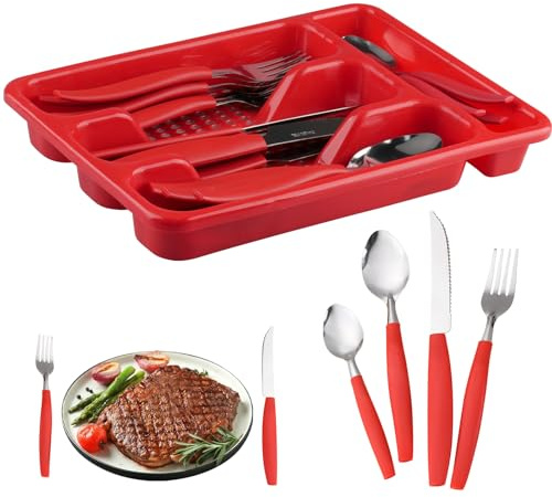 Hocadrv Cutlery Set 24 Piece Cutlery Set for 6 Persons Knife Fork Spoon Set | Stainless Cutlery Sets Rounded Handle(Red)