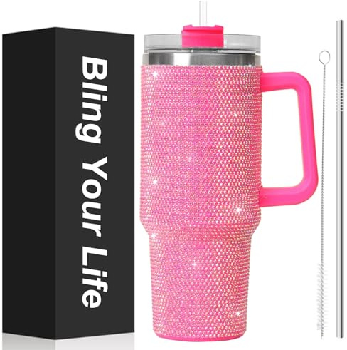 WINCHERRIA 40oz Rhinestone Bling Tumbler with Handle and 2 Straw,Glitter Travel Mug with Lid,Rhinestone Water Bottle,Diamond Vacuum Insulated Stainless Steel Cup for Girls Women (Pink)