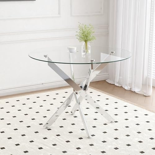 GOLDFAN Esstisch Glas Küchentisch Rund Glastisch Moderner Tisch Wohnzimmertisch mit Metall Beine für Wohnzimmer Büro Küche 80cm