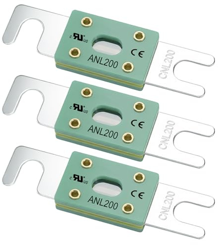 Weasch Lot de 3 fusibles ANL de 200 A, composant reconnu UL, robuste 80 V DC, corps en fibre de verre haute température en cuivre nickelé pour stockage d'énergie de batterie, camping-car, marine