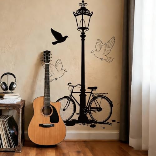 SUPERDANT 2 Stück Wandtattoo Fahrrad Wandtattoo Groß 122x81cm PVC Wandsticker Retro Fahrrad Straßenlaterne Wandaufkleber Für Wohnzimmer Schlafzimmer Wohnheim Deko Schwarz