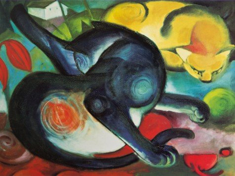 1art1 Franz Marc Poster Zwei Katzen, Blau Und Gelb, 1912 Bilder Leinwand-Bild Auf Keilrahmen | XXL-Wandbild Poster Kunstdruck Als Leinwandbild 80x60 cm