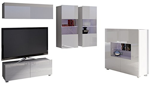 Moderne Wohnwand Calabrini XII mit Kommode, Anbauwand, Hängevitrine, TV Lowboard, Wandregal, Mediawand, Wohnzimmerschrank, Fernsehschrank (mit Blauer LED Beleuchtung, Weiß/Weiß Hochglanz)