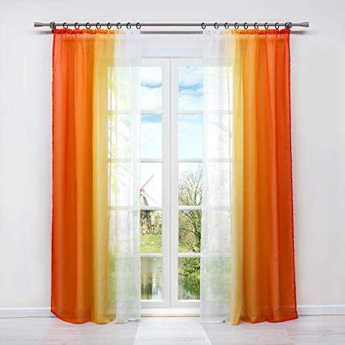 HongYa 2er-Pack Farbverlauf Gardinen Transparenter Voile Vorhänge Schals mit Kräuselband H/B 175/140 cm Orange
