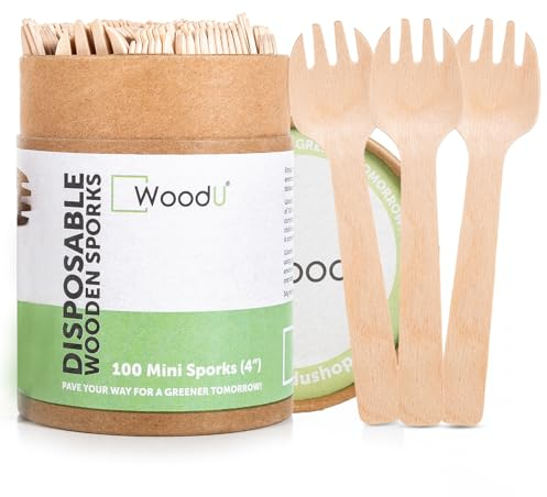 WoodU Mini Wooden Spork Disposable Perfect for Dessert, Appetizers, Cocktails, Eco-Friendly Spork Wood for Sample & Tasting, Biodegradable & compostable | 100% All-Natural - Pack of 100-4