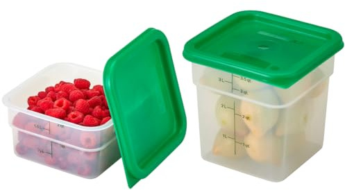 Cambro Food Storage Container with Lid (Microwave Safe and BPA-Free) - 2 Pack - Classic Series Square with Green Lid - 2 and 4 QT (Quart) - Commercial Grade for Food Prep (Translucent)