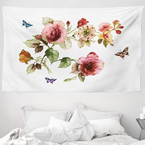 ABAKUHAUS Blume Wandteppich und Tagesdecke, Shabby Pflanze Rosen Knospen aus Weiches Mikrofaser Stoff Waschbar ohne Verblassen Digitaldruck, 230 x 140 cm, Weiß Rosa