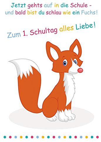 Perleberg - schöne Karte zum Schulanfang mit Fuchs Motiv - hochwertige Karten zur Einschulung - Einschulung Karten mit Umschlag - Glückwunschkarte für Jungen & Mädchen 11,6 x 16,6 cm