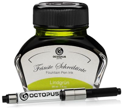 Octopus Fluids Füllhaltertinte im Tintenglas inklusive Konverter, Schreibtinte für Füllhalter, Füllertinte in Lindgrün 30ml mit Tintenkonverter