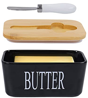 Porcelain Butter Dishes with Lids, Airtight Silicone Butter Box Butter Container for Butter,Nuts, Cheese,Black+ButterKnife