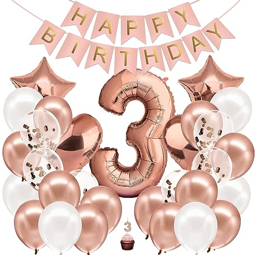 envami® Decorazioni Compleanno 3 anni Bambina Oro Rosa - Kit Palloncini Compleanno 3 anni