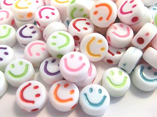 Beadsvision 200 Happy Perlen rund 7mm, Weiß mit buntem Lächeln, Acryl, Rund, Perlen, 200 Stück, Weiß und Bunt