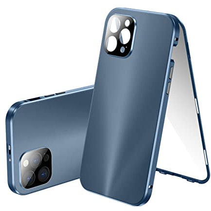 Jonwelsy Hülle für iPhone 12 Pro, Magnetische Adsorption Metall Stoßstange Flip Cover mit Objektivschutz 360 Grad Schutz Vorne Glas und Zurück Aurora Handyhülle für iPhone 12 Pro 6,1 (Grau)