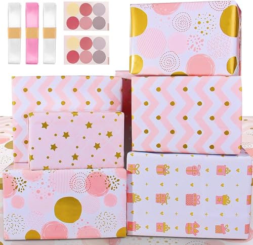 Bonkee Wrapping Paper Sheets,Birthday Wrapping Paper for Girls Women Female,Eco Gift Wrap Paper with Pink and Gold Foil Dot Star Heart for Present,Gift Wrapping Paper Birthday Wrap Paper Set &Ribbon