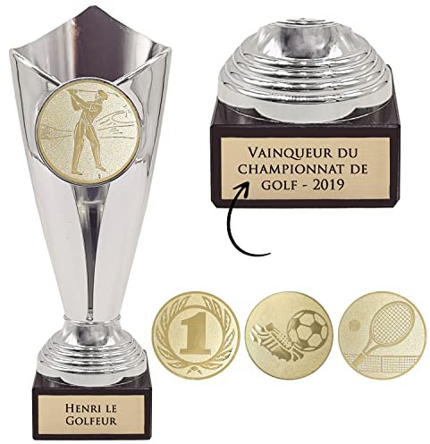 KDO MAGIC - Trophée Personnalisable - Coupe personnalisé avec Gravure - Cadeau fête des pères, noël, Retraite, événement Sportif - Or/Bronze/Argent (Argent, Golf)