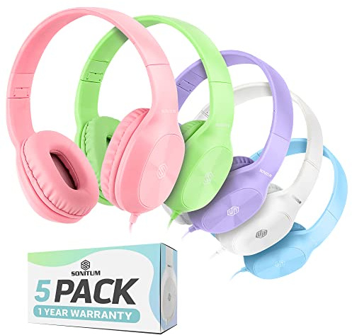 Sonitum Kids Headphones for School Bulk Set 5-Pack On-Ear, 3.5mm, Wired Headphones for Schools & Libraries – Adjustable, Cushioned Wired Kids, (Mixed Colors)