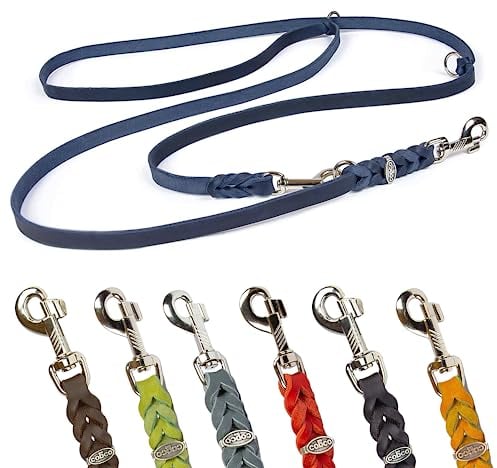 CopcoPet Hundeleine Leder 3-Fach verstellbar, Umhängeleine für kleine Hunde, Fettlederleine Hund geflochten – Mit Chrombeschlägen – Robust, ideal für Spaziergang, Training 2m x 8mm Blau