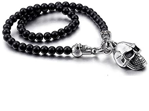 Qiaonitu Collier vintage pour homme et femme avec perles de verre de 47 cm, 50 cm, 60 cm, 75 cm, chaîne punk en acier inoxydable, pendentif tête de mort, bijoux ras du cou, 50 cm, acier inoxydable