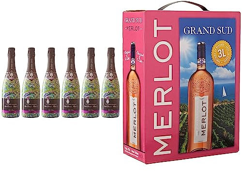 Arthur Metz - Crémant Blanc d'Alsace Brut, Méthode traditionnelle, vieilli sur lattes (6 x 0,75 L) & Grand Sud - Merlot Vin Rosé du Pays d'Oc, France - Bag in Box 3l (1 x 3 L)