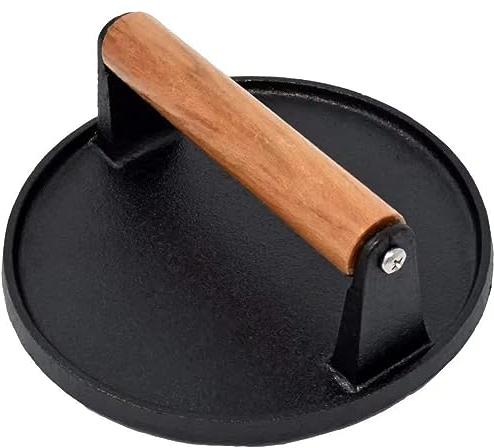 Kitchen Tools Robuste Gusseisen-Grillpresse Burgerpresse Speckpresse Grillpresse Fleischpresse Burger-Smasher Grillpresse Runde Flachpresse mit Anti-Verbrühungs-Holzgriff (14,5 cm)