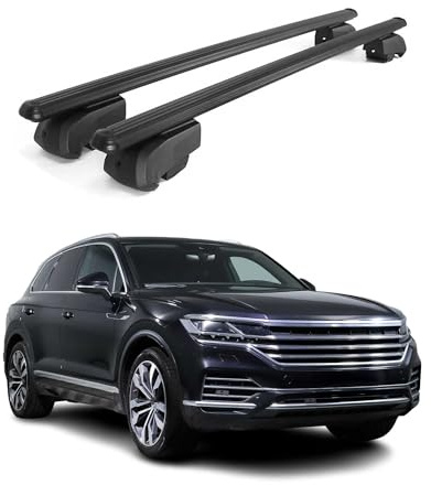 OMAC Dachträger für VW Touareg 2018-2024 Pre-FL Aluminium 2 Stangen Schwarz | ISO/PAS 11154:2006 geprüft, Abschließbar, City-Crash-getestet, bis 75 kg Traglast, Querträger, Grundträger