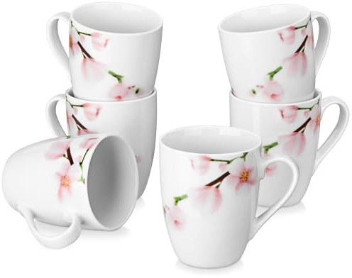 VEWEET, série ANNIE, Lot de 6 Mugs de 330ml en Porcelaine, Ensemble de Tasse à Café Style Moderne, Tasse de Petit-Déjeuner, Passe au Lave-Vaisselle - Motif Fleur