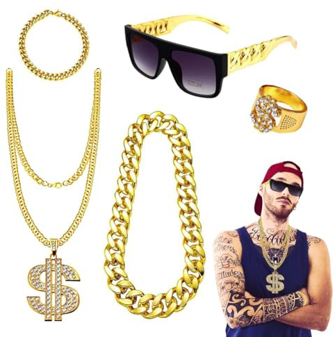 CEWROM Hip Hop Kostüm Set, 5 Stück Rapper Hiphop Kostüm, 80er 90er Jahre Outfit Herren Mottoparty Anzug, Dollar Kette & Ring Armband, Brille, Goldkette für Karneval Cosplay Fasching Party