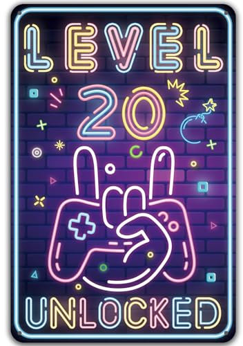Blechschild 20.Geburtstag Junge, Level 20 UNLOCKED, 20 Jahre Geburtstag Deko, lustiges Geburtstagsschild 20, Gamer Geburtstagskarte 20, Metallschild Geschenk Gamer Geburtstagsgeschenk Zocker Zubehör